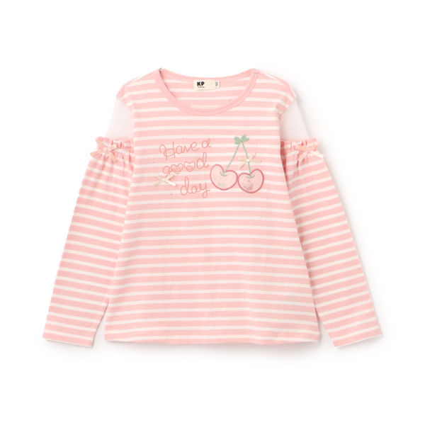 肩チュールボーダー長袖Tシャツ