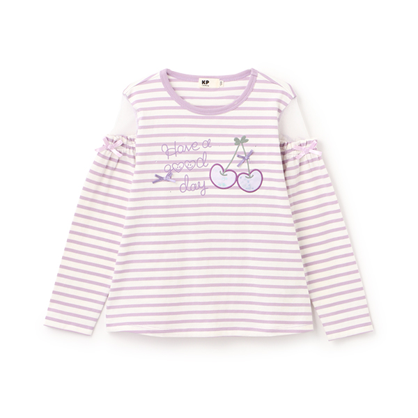 肩チュールボーダー長袖Tシャツ
