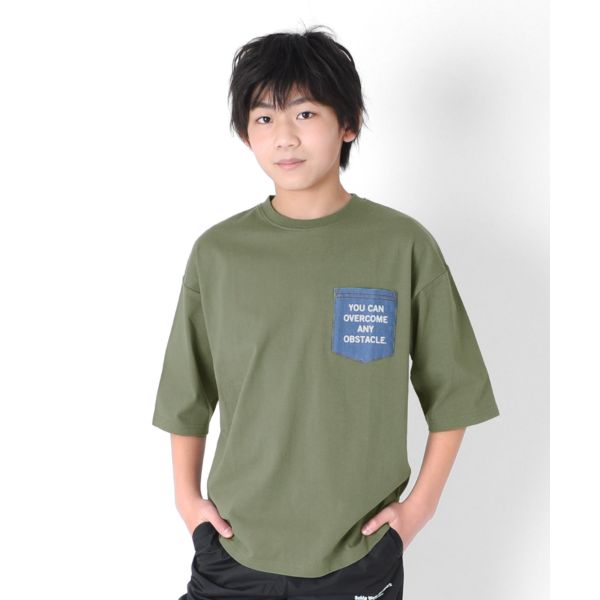 タフ天竺・ドロップショルダーデニムポケット５分袖Tシャツ