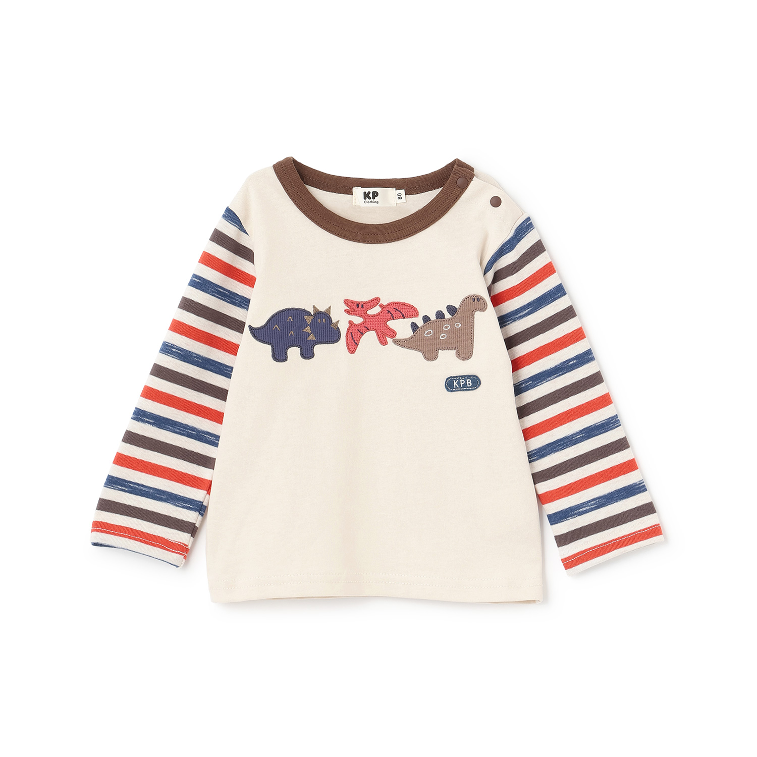 恐竜アップリケ×袖ボーダー 長袖Tシャツ