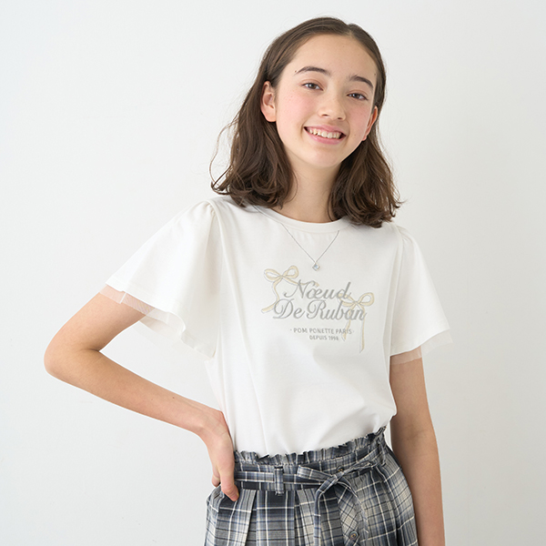 ネックレス風刺しゅうフレアスリーブTシャツ