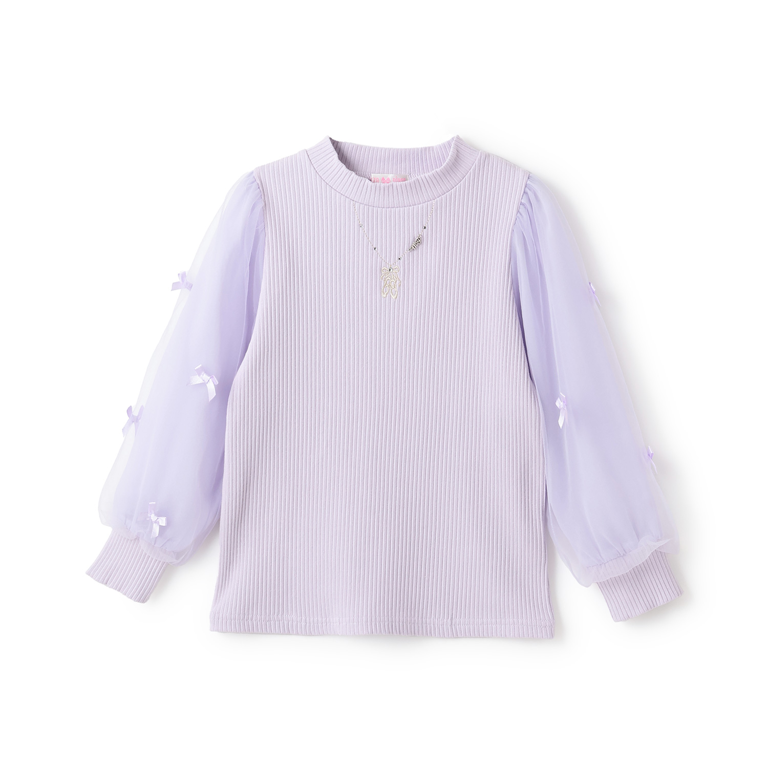 ネックレス刺しゅう　袖チュール　テレコ長袖Tシャツ