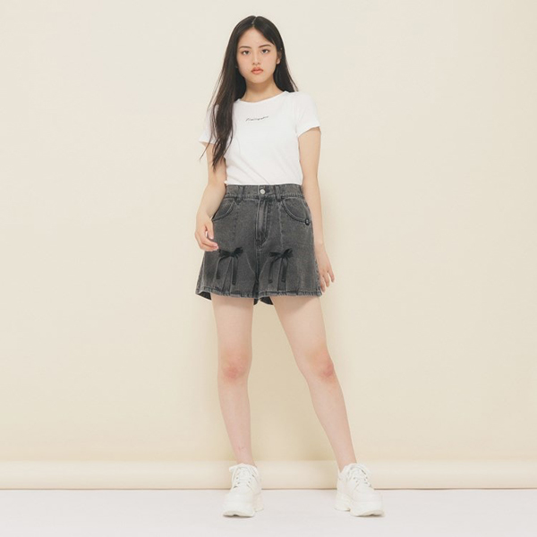 【130cmあり】リボン付きデニムショートパンツ