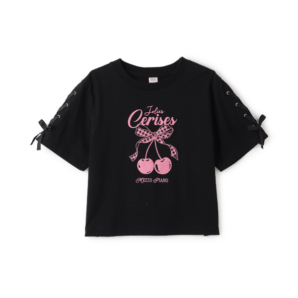 【Cuugal掲載】【接触冷感】袖レースアップリボンチェリーTシャツ