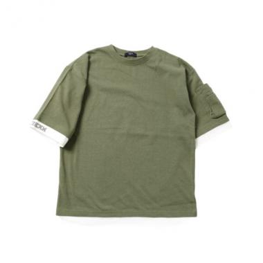 厚手天竺・ドロップショルダー袖ポケットフェイクレイヤード5分袖Tシャツ