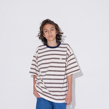 ボーダー・ワンポイント刺しゅうレイヤードビッグ半袖Tシャツ
