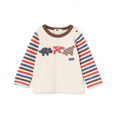 恐竜アップリケ×袖ボーダー 長袖Tシャツ