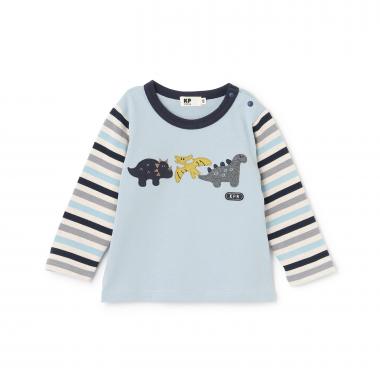 恐竜アップリケ×袖ボーダー 長袖Tシャツ