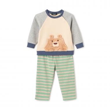 クマ長袖Tシャツ×ボーダーパンツセット