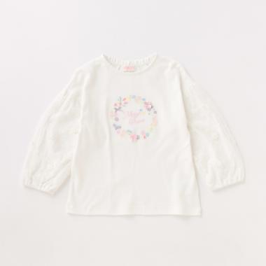花刺しゅう袖ドットチュール8分袖Tシャツ