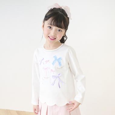 リボンイッパイ裾スカラップ長袖Tシャツ