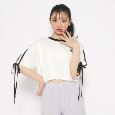 袖ラインリボンTシャツ[五分袖][クロップド丈]