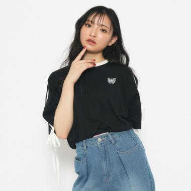 袖ラインリボンTシャツ[五分袖][クロップド丈]