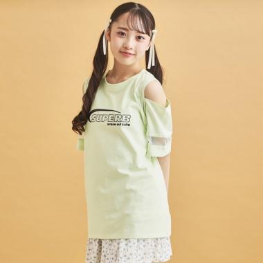 チュール切替肩あきTシャツ