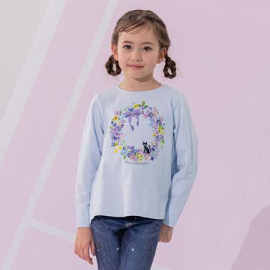フラワーリースネコプリント長袖Tシャツ