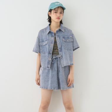 デニム半袖シャツセットアップ