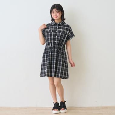 チェックフレンチスリーブシャツワンピ
