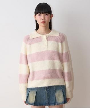 太ボーダー衿つきニット