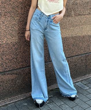 デニム裾加工ワイドパンツ
