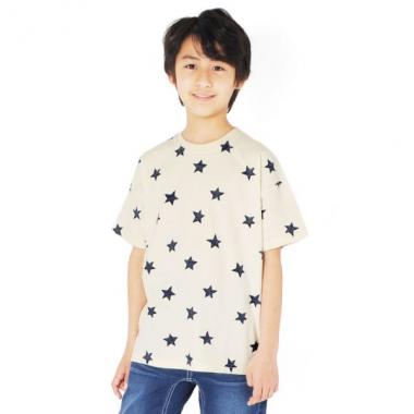 OE天竺・抗菌防臭加工ドロップショルダー総柄プリント半袖Tシャツ