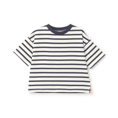 袖エンボスロゴボーダー半袖Tシャツ
