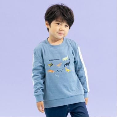 恐竜刺しゅう袖ライン接結長袖Tシャツ