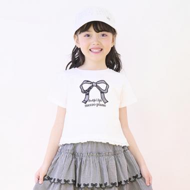 リボンアップリケ　半袖Tシャツ