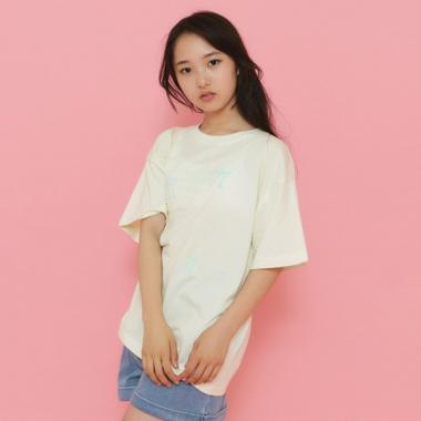 リボンロゴプリントラインストーン付きTシャツ