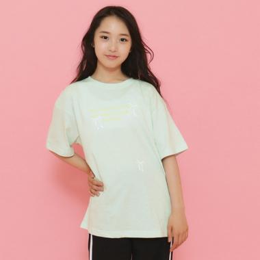 リボンロゴプリントラインストーン付きTシャツ