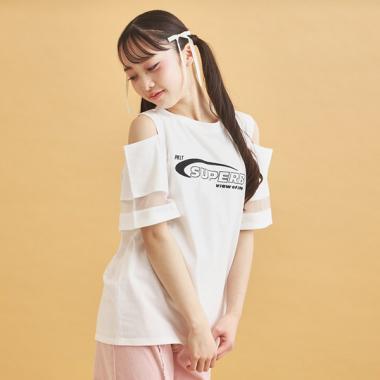 チュール切替肩あきTシャツ