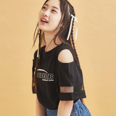 チュール切替肩あきTシャツ