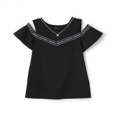 【人気商品再入荷】【直営店で取り扱い無し】ロゴテープ肩開き半袖Tシャツ・ネックレス付き【接触冷感＋UVケア】