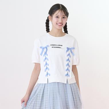 袖パフレースアップTシャツ