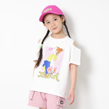 女の子プリント肩開き半袖Tシャツ