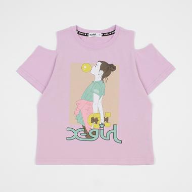 女の子プリント肩開き半袖Tシャツ